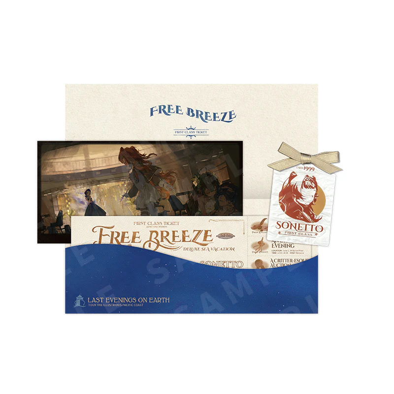 Reverse: 1999 "Free Breeze" Cruise Ticket Set with Illustration Postcards - Image 11
